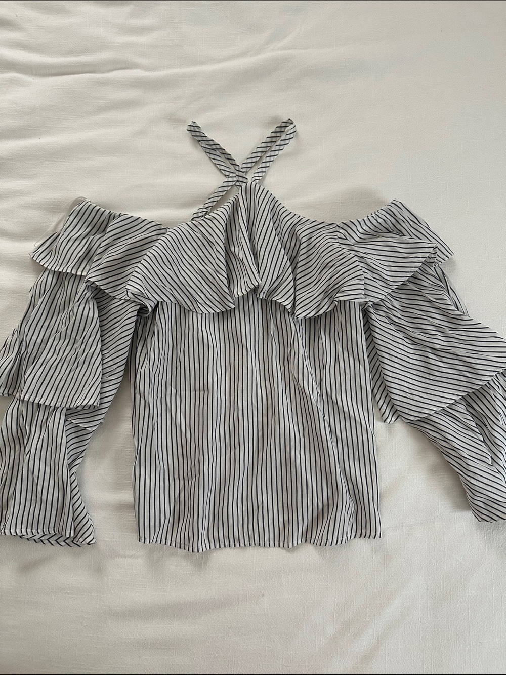 Off-Shoulder Striped Ruffle Women’s Top - Grey/Black Express Size XS
